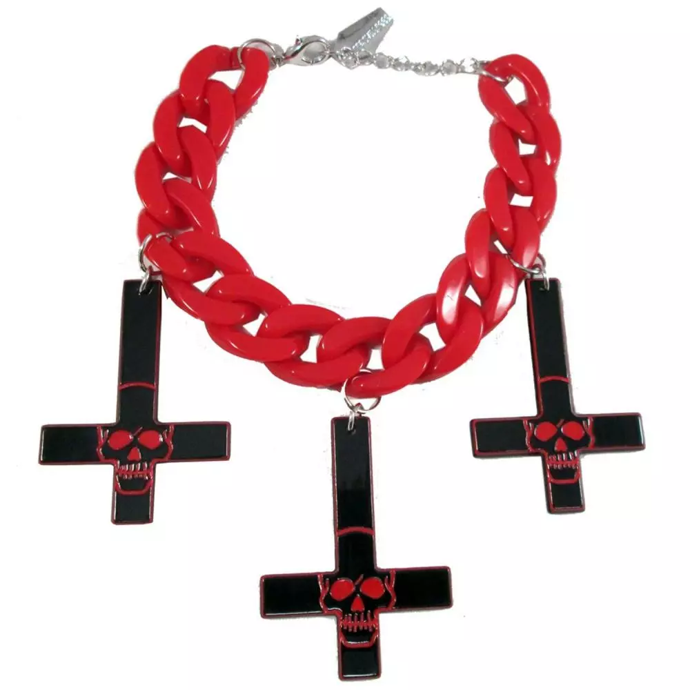 Kreepsville Inverted Cross Skull Bracelet Red 3 Kreepsville Inverted Cross Skull Bracelet Red