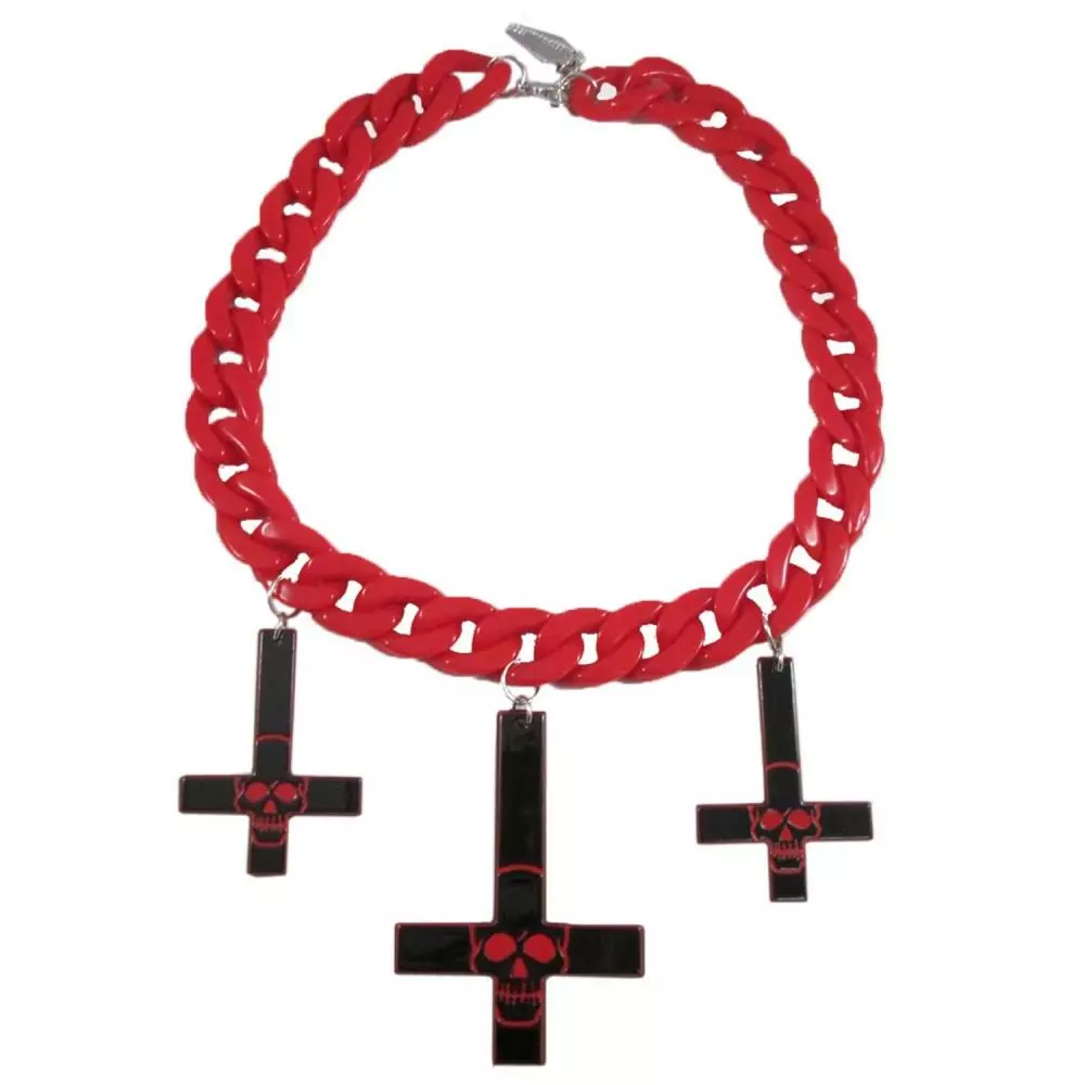Kreepsville Inverted Cross Skull Necklace Red 3 Kreepsville Inverted Cross Skull Necklace Red