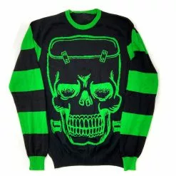 Kreepsville Franken Skull Green Striped Sweater